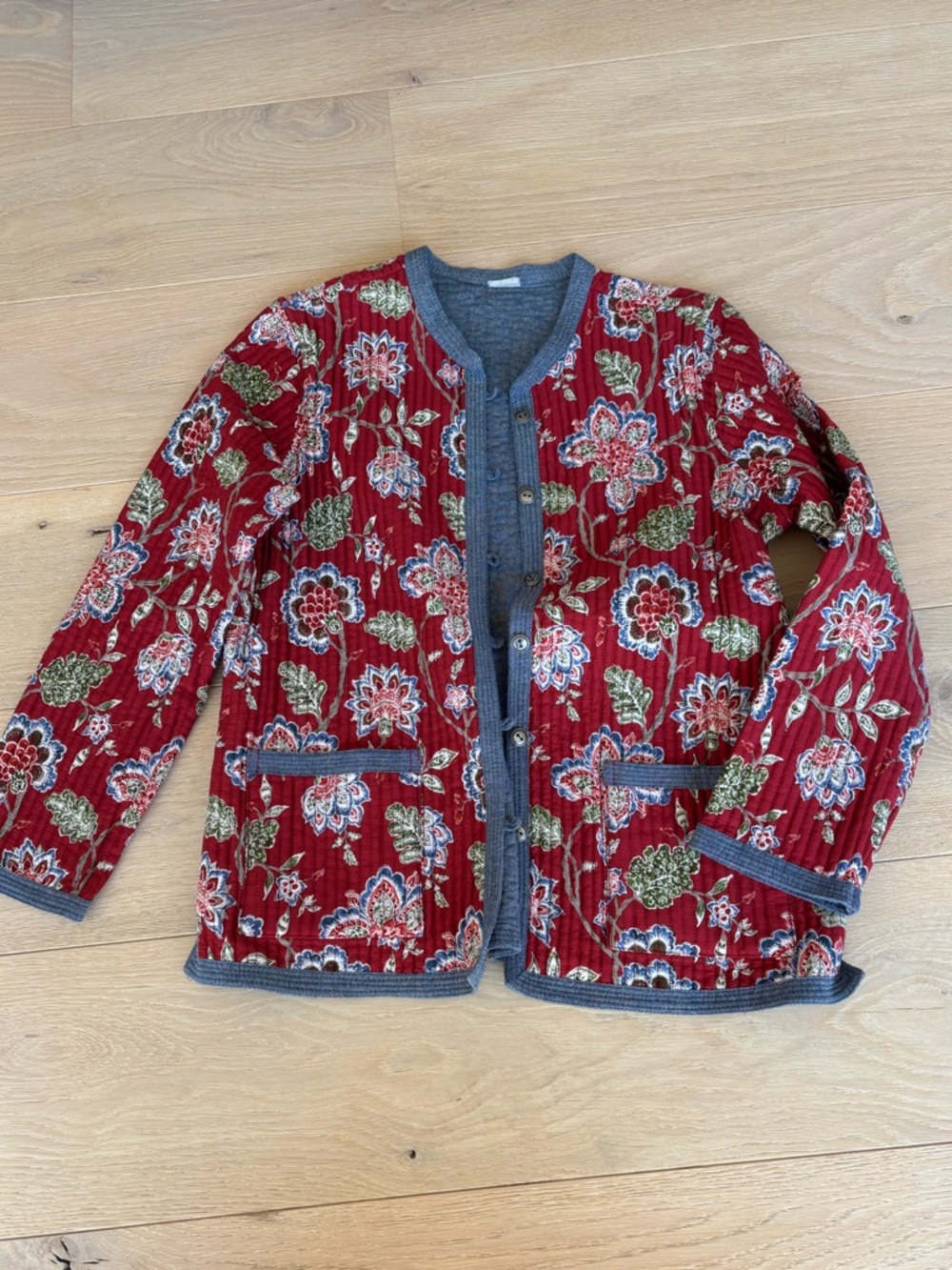 Floral Quilted Floral Red Jacket with Gray Trim (Reversible)